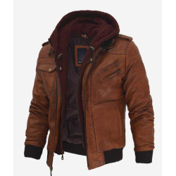 Distressed Brown Leather Bomber Jacket With Hood 