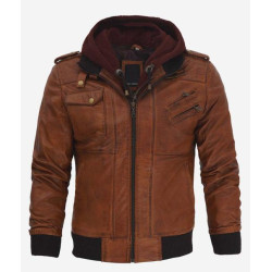 Distressed Brown Leather Bomber Jacket With Hood 
