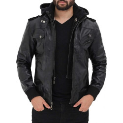 Edinburgh Men's Black Slim Fit Bomber Leather Jacket With Hood
