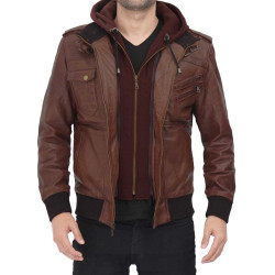 Edinburgh Men's Dark Brown Bomber Jacket With Removable Hood 