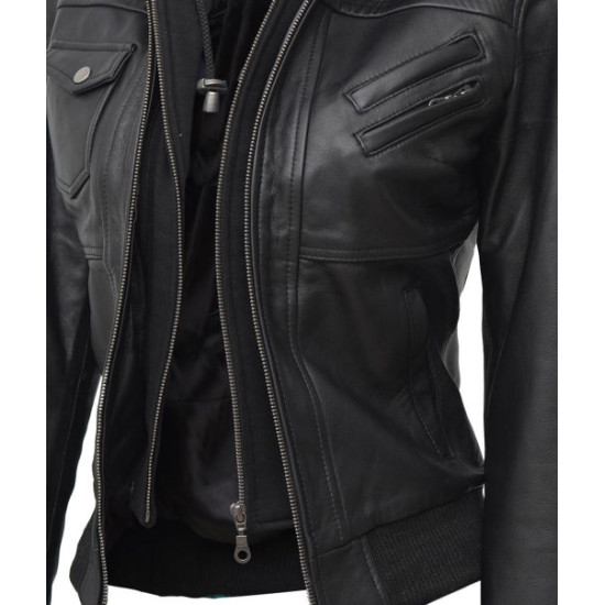 Edinburgh Women's Black Leather Hooded Bomber Jacket