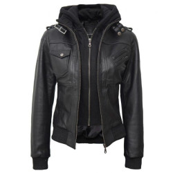 Edinburgh Women's Black Leather Hooded Bomber Jacket