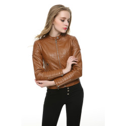 Mandarin Collars Supernova Women's Brown Leather Jacket