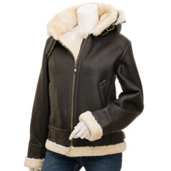 Marilyn Women's Dark Brown B3 Shearling Leather Hooded Jacket