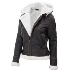 Mary Brown Hooded B3 Shearling Bomber Leather Jacket 