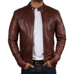 Slim Fit Brown Moto Leather Jacket For Men