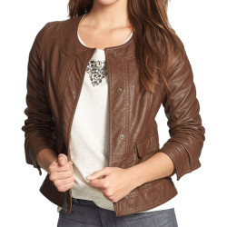 Snap Front Women's Brown Leather Jacket