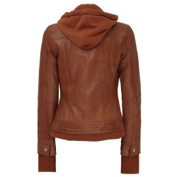 Tralee Hooded Tan Brown Bomber Leather Jacket Women