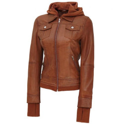Tralee Hooded Tan Brown Bomber Leather Jacket Women