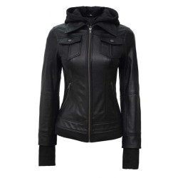 Tralee Women's Black Fitted Bomber Leather Jacket With Hood