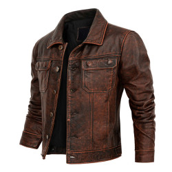 Men's Vintage Style Brown Genuine Cowhide Distressed Leather Jacket