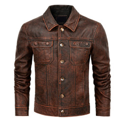 Men's Vintage Style Brown Genuine Cowhide Distressed Leather Jacket