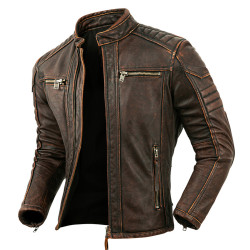 Men's Vintage Brown Distressed Cafe Racer Genuine Leather Jacket