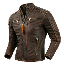 Men's Vintage Brown Distressed Cafe Racer Genuine Leather Jacket